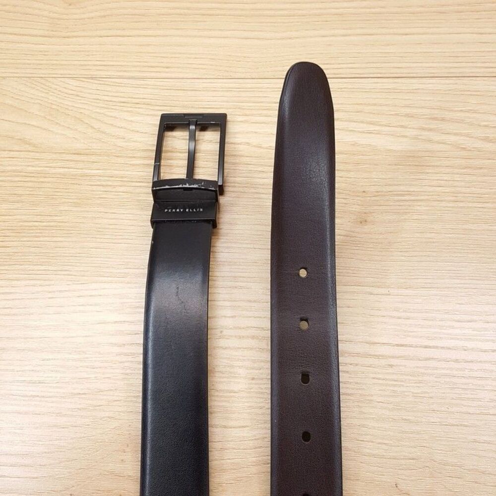 PERRY ELLIS Mens Belt Size 46 Brown Black Bonded Leather Reversible